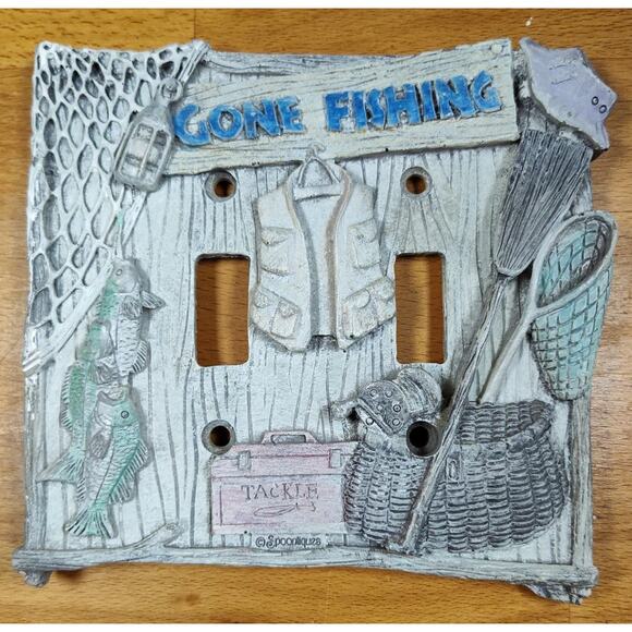 Novelty Gone Fishing Double Light Switch Cover Plate By Spoontiques - Picture 1 of 5